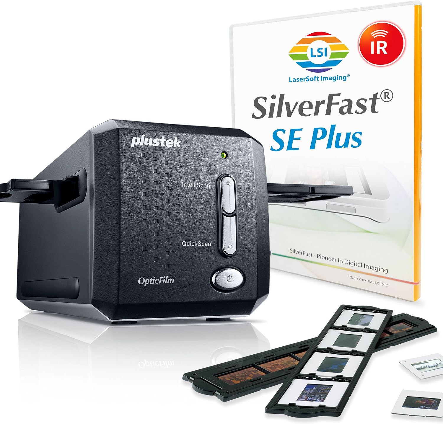 Plustek OpticFilm 8200i SE with film holders and SilverFast SE Plus packaging.